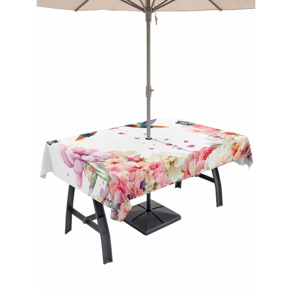 Outdoor Tablecloth with Umbrella Hole and Zipper, Pink Flower Rectangle Table Cloth 54x80 Inch Waterproof Tablecloth, Spring Floral Butterflies Birds Farmhouse Picnic Table Cover for Patio Camping