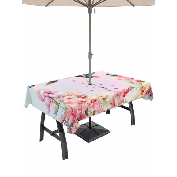 Outdoor Tablecloth with Umbrella Hole and Zipper, Pink Flower Rectangle Table Cloth 54x80 Inch Waterproof Tablecloth, Spring Floral Elegant Butterflies Birds Farmhouse Picnic Table Cover for Patio
