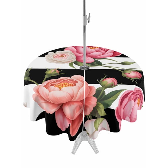 Outdoor Tablecloth with Umbrella Hole Zipper Pink Flower Round Tablecloth 60" Waterproof Outside Table Cloth Black White Stripesvintage Floral Patio Table Cover Tablecloths for Picnic Party