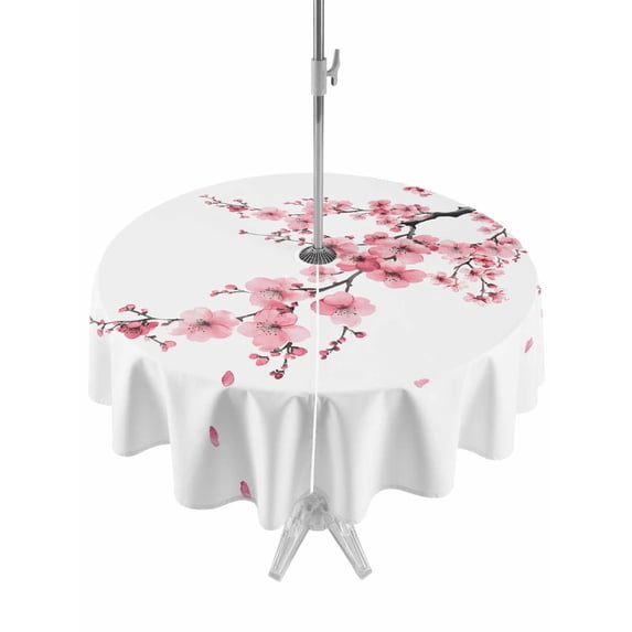 Outdoor Tablecloth with Umbrella Hole Zipper Pink Flower Round Tablecloth 60" Waterproof Outside Table Cloth Spring Summer Botanical Floral Branches Patio Table Cover Tablecloths for Picnic Party