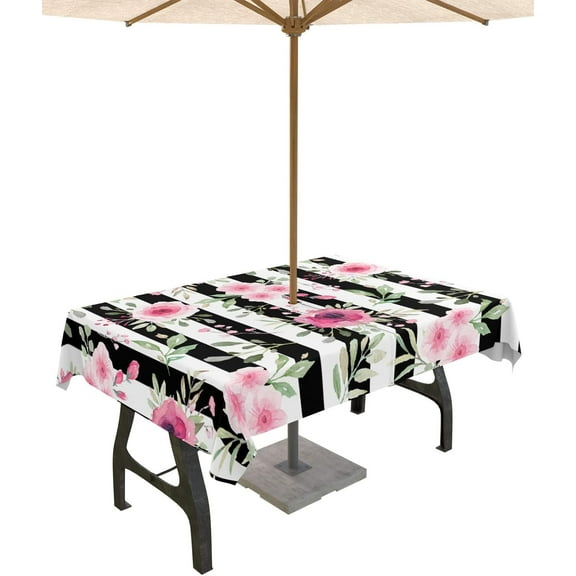 Outdoor Tablecloth with Umbrella Hole and Zipper Pink Flowers Illustration Tablecloths 60x120 Outside Table Cloths Black and White Stripe Patio Table Cover for Outdoor Tables Picnic Garden Party