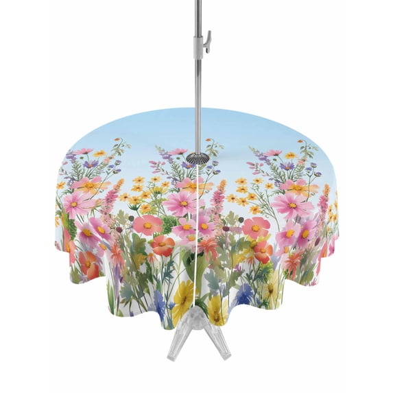 Outdoor Tablecloth with Umbrella Hole Zipper Pink Flowers Round Tablecloth 60" Waterproof Outside Table Cloth Spring Floral Daisy Pastoral Botanical Sky Blue Patio Table Cover Tablecloths for Picnic