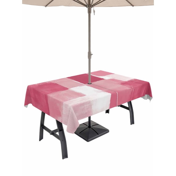 Outdoor Tablecloth with Umbrella Hole and Zipper, Pink Geometric Rectangle Table Cloth 60x102 Inch Waterproof Tablecloth, Watercolor Ombre Modern Abstract Art Picnic Table Cover for Patio Camping