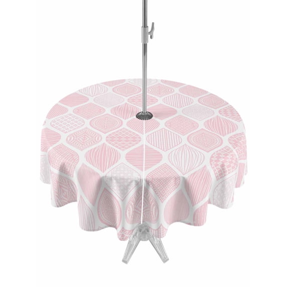 Outdoor Tablecloth with Umbrella Hole and Zipper, Pink Geometric Round Table Cloth 60 Inch Waterproof Tablecloth, Morocco Modern Simple Abstract Aesthetic Picnic Table Cover for Patio Camping