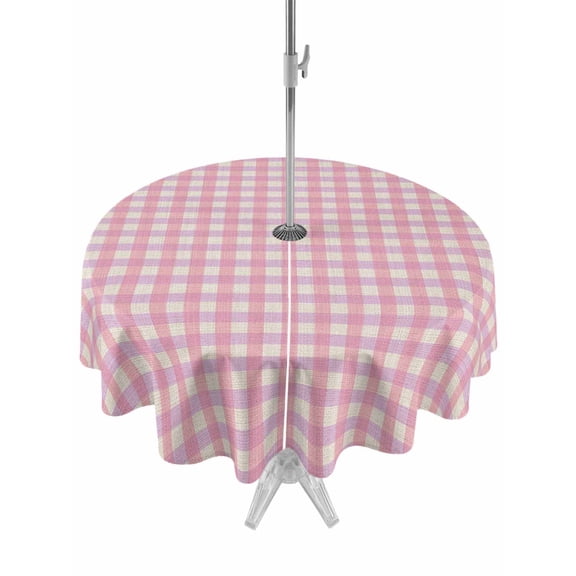 Outdoor Tablecloth with Umbrella Hole and Zipper, Pink Gingham on Linen Round Waterproof Table Cover 60in Washable Table Cloth for Patio Picnic Party Modern Plaid Lattice