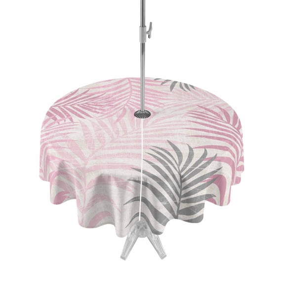Outdoor Tablecloth with Umbrella Hole & Zipper, Pink Grey Palm Leaves Round Tablecloth 54 Inch, Summer Botanical Tropical Leaf Patio Table Cover Waterproof Table Cloth for Picnic/Party