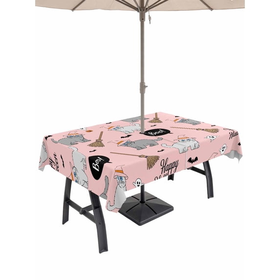 Outdoor Tablecloth with Umbrella Hole and Zipper, Pink Halloween Rectangle Table Cloth 60x120 Inch Waterproof Tablecloth, Cat Bat Ghost Pumpkins Picnic Table Cover for Patio Camping