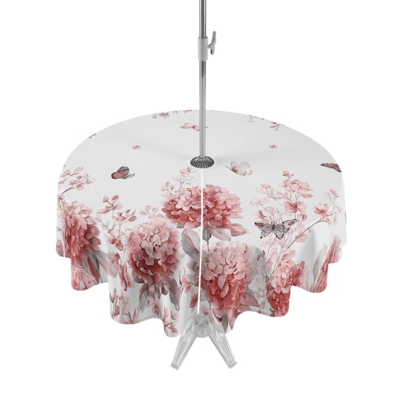 Outdoor Tablecloth with Umbrella Hole Zipper Pink Hydrangea Round Tablecloth 54" Waterproof Outside Table Cloth Farm Florals Butterflies Botanical Flowers Patio Table Cover Tablecloths for Picnic