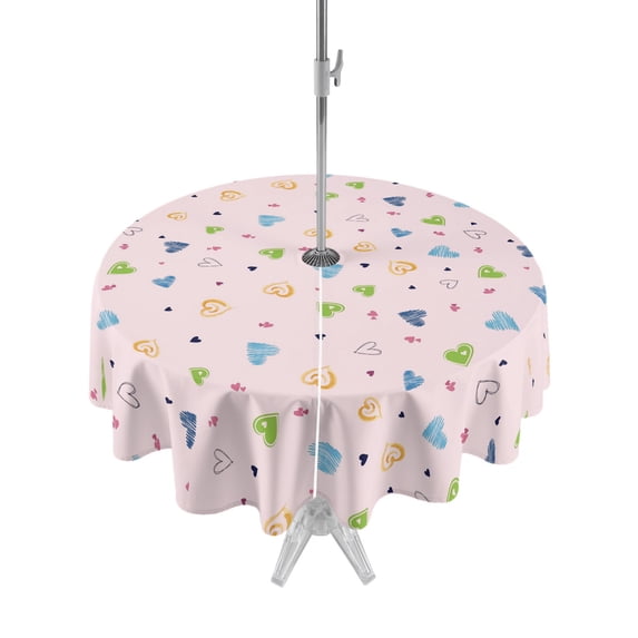 Outdoor Tablecloth with Umbrella Hole Zipper Pink Love Heart Round Tablecloth 60" Waterproof Outside Table Cloth Cartoon Cute Modern Art Patio Table Cover Tablecloths for Picnic Party