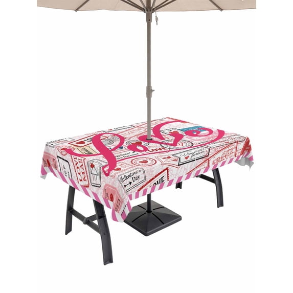 Outdoor Tablecloth with Umbrella Hole and Zipper, Pink Love Rectangle Table Cloth 54x80 Inch Waterproof Tablecloth, Valentine's Day Postmark Mails Retro Picnic Table Cover for Patio Camping