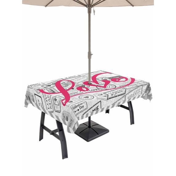 Outdoor Tablecloth with Umbrella Hole and Zipper, Pink Love Rectangle Table Cloth 60x84 Inch Waterproof Tablecloth, Valentine's Day Postmark Mails Retro Gray Picnic Table Cover for Patio Camping