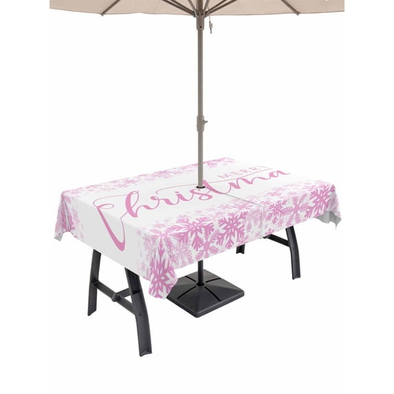 Outdoor Tablecloth with Umbrella Hole and Zipper, Pink Merry Christmas Rectangle Table Cloth 54x80 Inch Waterproof Tablecloth, Winter Snowflake Xmas Aesthetic Picnic Table Cover for Patio Camping