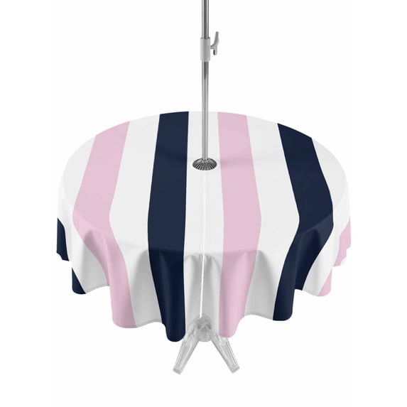 Outdoor Tablecloth with Umbrella Hole Zipper Pink Navy Blue Striped Round Tablecloth 60" Waterproof Outside Table Cloth Farmhouse Stripe Art Patio Table Cover Tablecloths for Picnic Party