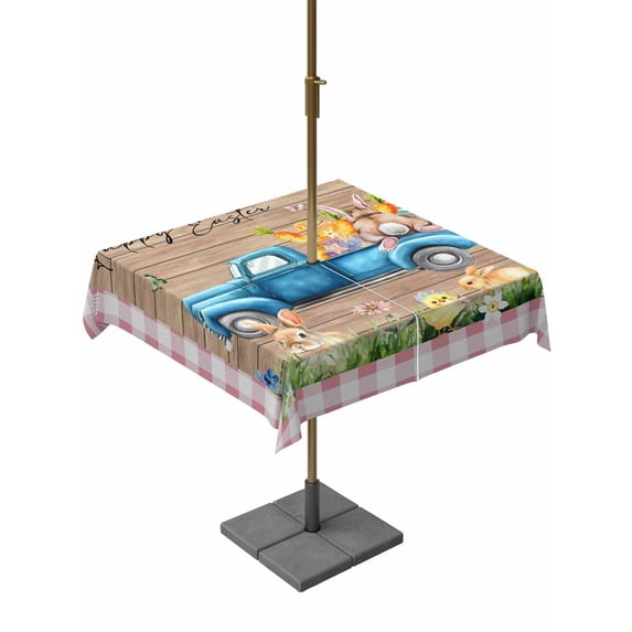 Outdoor Tablecloth with Umbrella Hole and Zipper, Pink Plaid Easter Square Table Cloth 60x60 Inch Waterproof Tablecloth, Blue Truck Spring Floral Bunny Wooden Picnic Table Cover for Patio Camping
