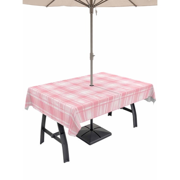 Outdoor Tablecloth with Umbrella Hole and Zipper, Pink Plaid Rectangle Table Cloth 54x80 Inch Waterproof Tablecloth, Modern Art Checkered Farmhouse Picnic Table Cover for Patio Camping