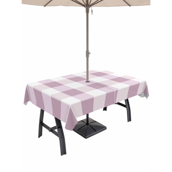 Outdoor Tablecloth with Umbrella Hole and Zipper, Pink Plaid Waterproof Patio Tablecloth for Dining 54''x80'', Spring Summer Farmhouse Buffalo Checkered Wipeable Table Cover for Picnic BBQ Party