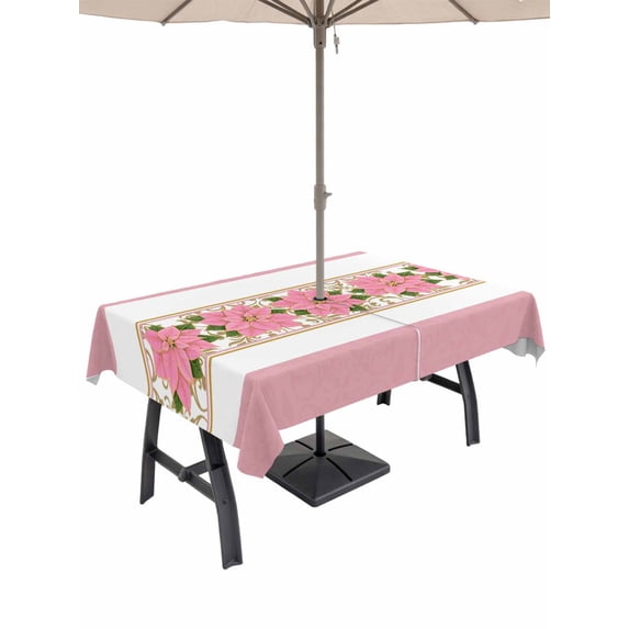 Outdoor Tablecloth with Umbrella Hole and Zipper, Pink Poinsettia Christmas Rectangle Table Cloth 60x84 Inch Waterproof Tablecloth, Xmas Botanical Winter Floral Picnic Table Cover for Patio Camping