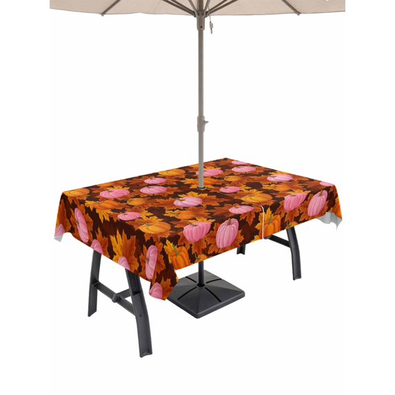 Outdoor Tablecloth with Umbrella Hole and Zipper, Pink Pumpkin Fall Rectangle Table Cloth 52x70 Inch Waterproof Tablecloth, Thanksgiving Maple Leaves Autumn Picnic Table Cover for Patio Camping