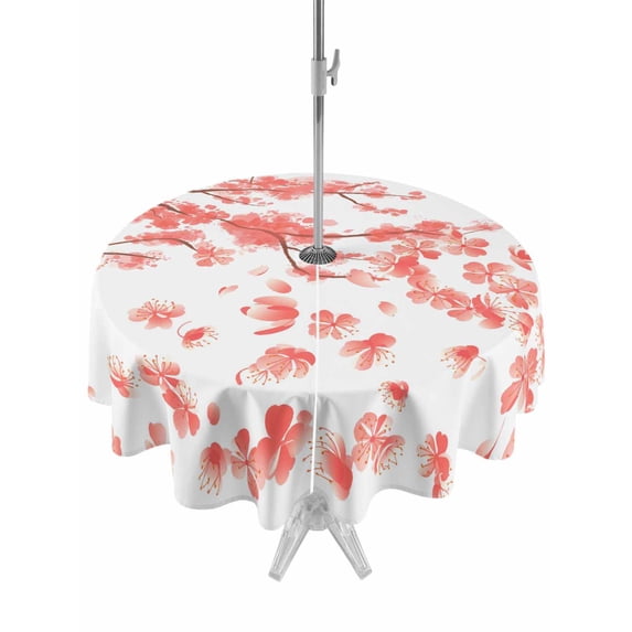 Outdoor Tablecloth with Umbrella Hole Zipper Pink Red Flower Round Tablecloth 60" Waterproof Outside Table Cloth Modern Watercolor Minimalist Floral Patio Table Cover Tablecloths for Picnic Party