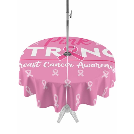 Outdoor Tablecloth with Umbrella Hole Zipper Pink Ribbon Round Tablecloth 54" Waterproof Outside Table Cloth Breast Cancer Awareness String Symbol Patio Table Cover Tablecloths for Picnic Party