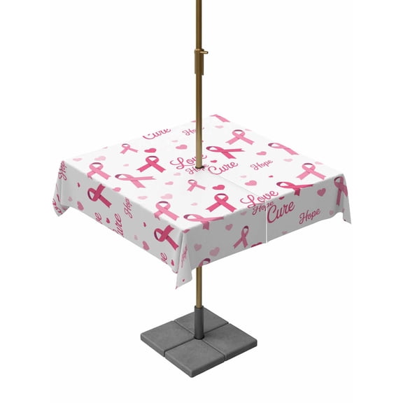 Outdoor Tablecloth with Umbrella Hole and Zipper, Pink Ribbon Square Table Cloth 60x60 Inch Waterproof Tablecloth, Love Heart Vintage Preppy Picnic Table Cover for Patio Camping