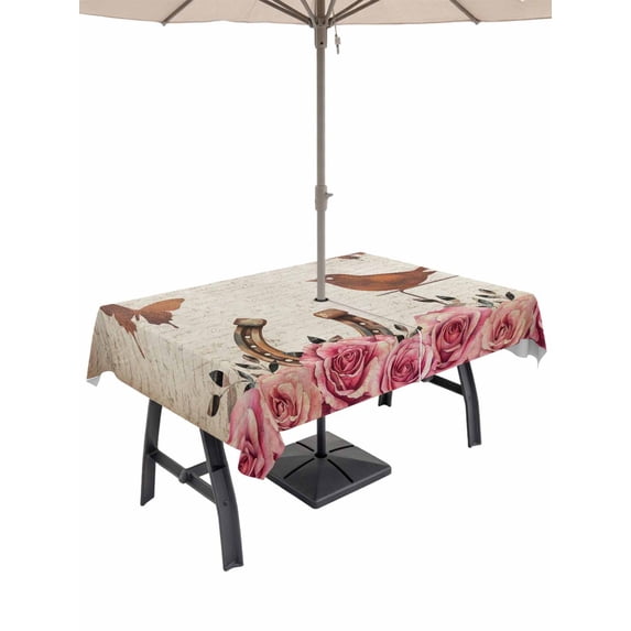 Outdoor Tablecloth with Umbrella Hole and Zipper, Pink Roses Birds Vintage Rectangle Table Cloth 60x102 Inch Waterproof Tablecloth, Spring Floral Butterflies Picnic Table Cover for Patio Camping