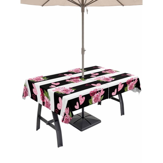 Outdoor Tablecloth with Umbrella Hole and Zipper, Pink Roses Rectangle Table Cloth 60x102 Inch Waterproof Tablecloth, Valentine's Day Love Flowers Stripes Rustic Picnic Table Cover for Patio Camping