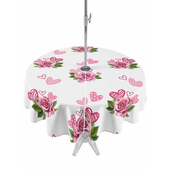 Outdoor Tablecloth with Umbrella Hole and Zipper, Pink Roses Round Table Cloth 54 Inch Waterproof Tablecloth, Valentine's Day Flowers Love White Romantic Picnic Table Cover for Patio Camping