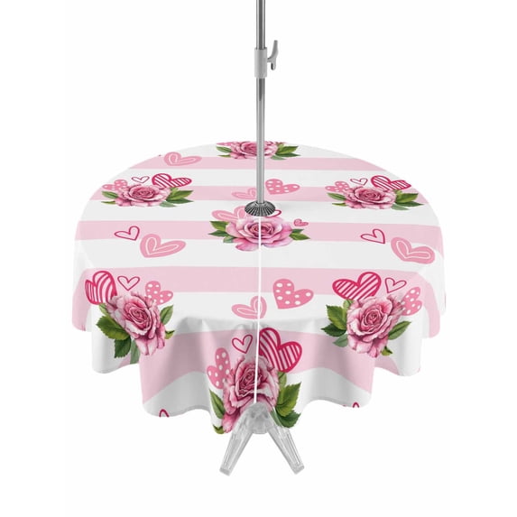 Outdoor Tablecloth with Umbrella Hole and Zipper, Pink Roses Round Table Cloth 60 Inch Waterproof Tablecloth, Valentine's Day Love Floral Stripes Romantic Picnic Table Cover for Patio Camping