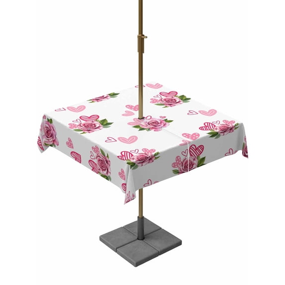 Outdoor Tablecloth with Umbrella Hole and Zipper, Pink Roses Square Table Cloth 60x60 Inch Waterproof Tablecloth, Valentine's Day Flowers Love White Romantic Picnic Table Cover for Patio Camping