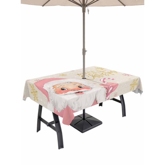 Outdoor Tablecloth with Umbrella Hole and Zipper, Pink Santa Christmas Rectangle Table Cloth 60x84 Inch Waterproof Tablecloth, Xmas Snowflake Winter Rustic Picnic Table Cover for Patio Camping