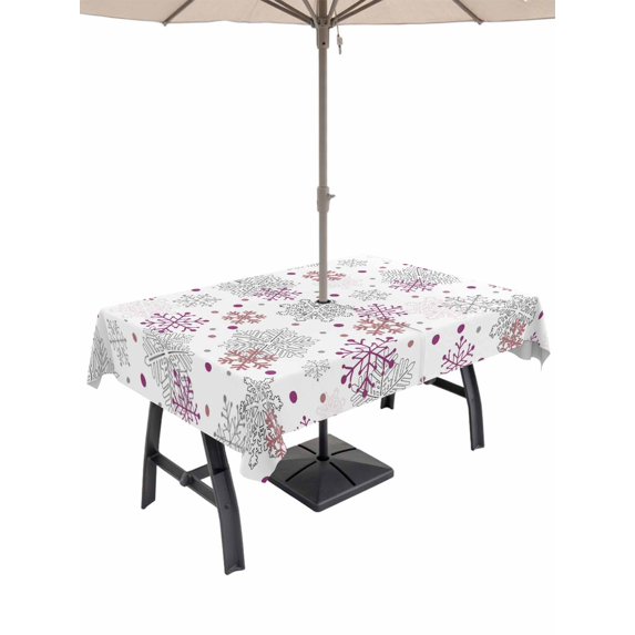 Outdoor Tablecloth with Umbrella Hole and Zipper, Pink Snowflake Christmas Rectangle Table Cloth 52x70 Inch Waterproof Tablecloth, Xmas Snowflake Winter Picnic Table Cover for Patio Camping