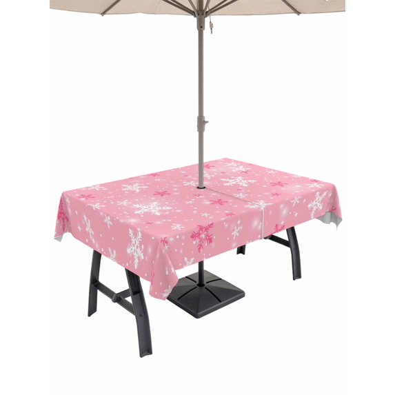 Outdoor Tablecloth with Umbrella Hole and Zipper, Pink Snowflake Christmas Rectangle Table Cloth 60x84 Inch Waterproof Tablecloth, Winter Xmas Snowflake Picnic Table Cover for Patio Camping