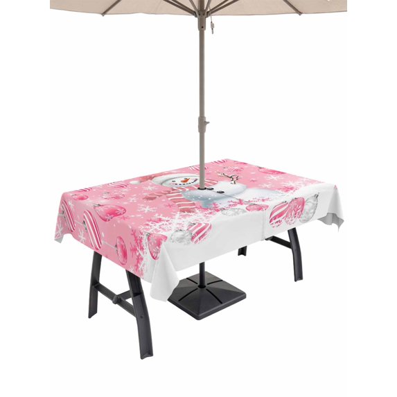 Outdoor Tablecloth with Umbrella Hole and Zipper, Pink Snowman Christmas Rectangle Table Cloth 54x80 Inch Waterproof Tablecloth, Xmas Balls Snowflake Picnic Table Cover for Patio Camping