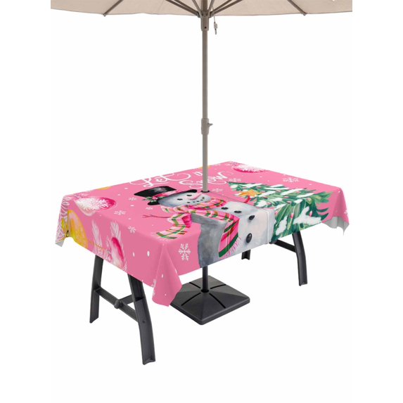Outdoor Tablecloth with Umbrella Hole and Zipper, Pink Snowman Christmas Rectangle Table Cloth 54x80 Inch Waterproof Tablecloth, Xmas Tree Ball Winter Snowflake Picnic Table Cover for Patio Camping