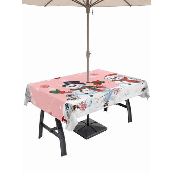 Outdoor Tablecloth with Umbrella Hole and Zipper, Pink Snowman Christmas Rectangle Table Cloth 60x120 Inch Waterproof Tablecloth, Xmas Snowflake Winter Ball Picnic Table Cover for Patio Camping