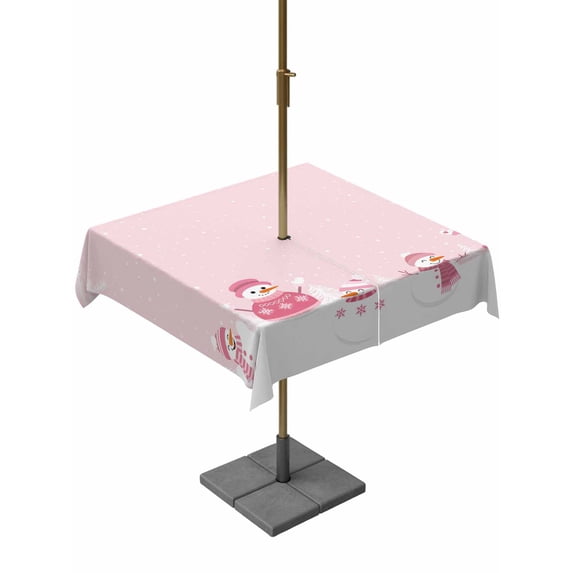 Outdoor Tablecloth with Umbrella Hole and Zipper, Pink Snowman Christmas Square Table Cloth 60x60 Inch Waterproof Tablecloth, Winter Snowflake Pine Xmas Tree Picnic Table Cover for Patio Camping
