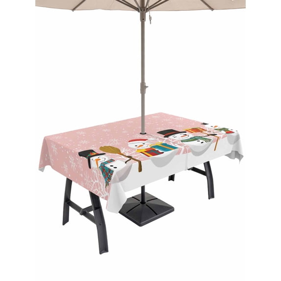 Outdoor Tablecloth with Umbrella Hole and Zipper, Pink Snowman Rectangle Table Cloth 60x102 Inch Waterproof Tablecloth, Christmas Winter Snowflake Xmas Tree Picnic Table Cover for Patio Camping