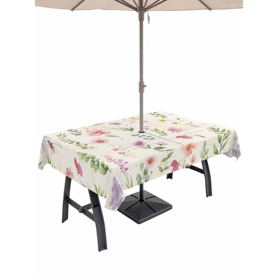 Outdoor Tablecloth with Umbrella Hole and Zipper, Pink Spring Floral Rectangle Table Cloth 52x70 Inch Waterproof Tablecloth, Flowers Elegant Pastoral Botanical Picnic Table Cover for Patio Camping