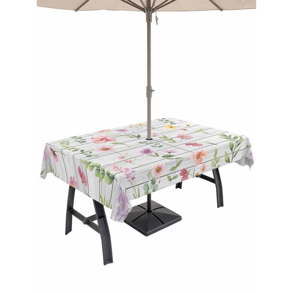 Outdoor Tablecloth with Umbrella Hole and Zipper, Pink Spring Floral Rectangle Table Cloth 60x102 Inch Waterproof Tablecloth, Flowers Botanical Elegant Wooden Picnic Table Cover for Patio Camping