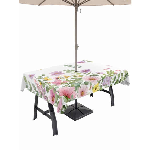 Outdoor Tablecloth with Umbrella Hole and Zipper, Pink Spring Floral Rectangle Table Cloth 60x102 Inch Waterproof Tablecloth, Watercolor Botanical Wildflowers Picnic Table Cover for Patio Camping