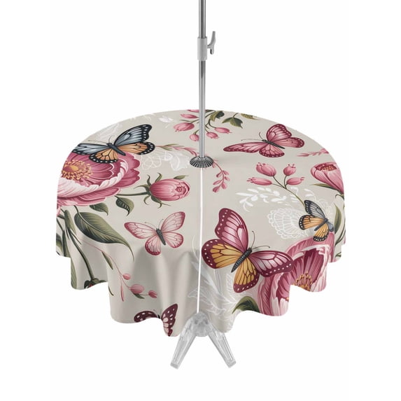 Outdoor Tablecloth with Umbrella Hole Zipper Pink Spring Floral Round Tablecloth 54" Waterproof Outside Table Cloth Farmhouse Flowers Botanical Butterfly Patio Table Cover Tablecloths for Picnic