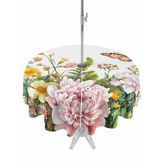 Outdoor Tablecloth with Umbrella Hole Zipper Pink Spring Floral Round Tablecloth 54" Waterproof Outside Table Cloth Pastoral Flowers Summer Botanical Patio Table Cover Tablecloths for Picnic Party