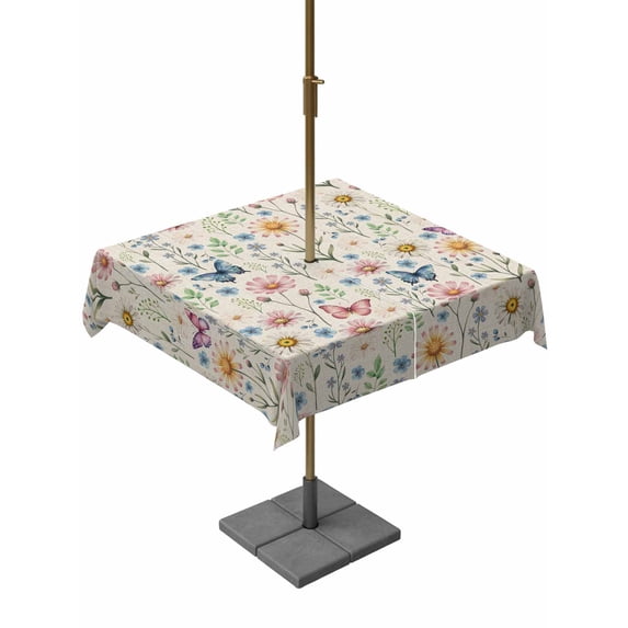 Outdoor Tablecloth with Umbrella Hole and Zipper, Pink Spring Floral Square Table Cloth 60x60 Inch Waterproof Tablecloth, Elegant Pastoral Flowers Butterflies Rustic Picnic Table Cover for Patio