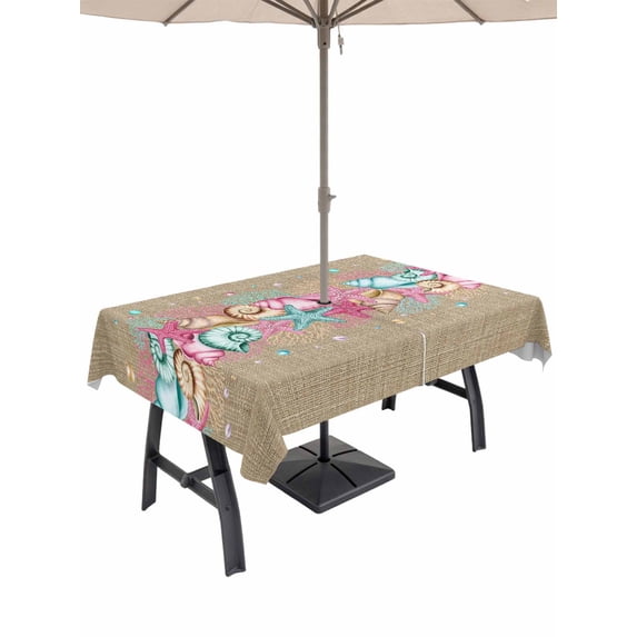 Outdoor Tablecloth with Umbrella Hole and Zipper, Pink Starfish Abstract Rectangle Table Cloth 52x70 Inch Waterproof Tablecloth, Ocean Conch Coastal Coral Picnic Table Cover for Patio Camping