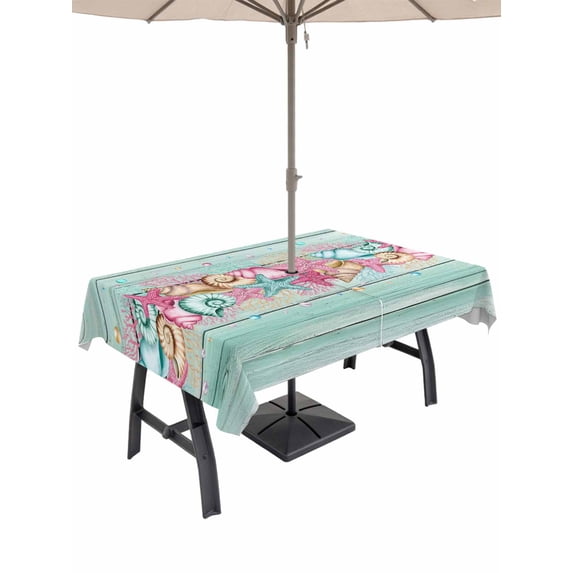 Outdoor Tablecloth with Umbrella Hole and Zipper, Pink Starfish Ocean Rectangle Table Cloth 60x102 Inch Waterproof Tablecloth, Coastal Conch Green Wood Plank Farm Picnic Table Cover for Patio Camping