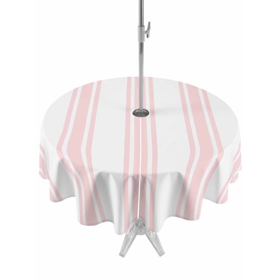 Outdoor Tablecloth with Umbrella Hole & Zipper, Pink Striped Round Tablecloth 54 Inch, Farmhouse Vertical Stripes Patio Table Cover Waterproof Table Cloth for Picnic/Party