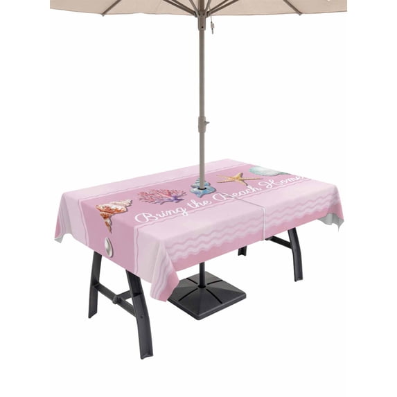 Outdoor Tablecloth with Umbrella Hole and Zipper, Pink Summer Coastal Rectangle Table Cloth 54x80 Inch Waterproof Tablecloth, Modern Ocean Waves Starfish Shell Picnic Table Cover for Patio Camping