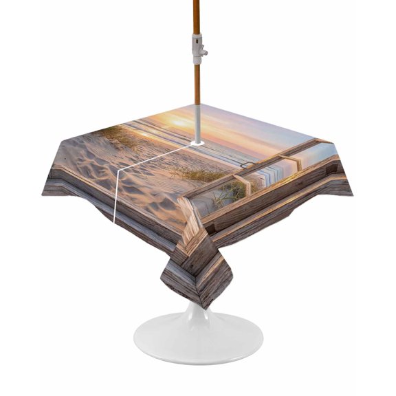 Outdoor Tablecloth with Umbrella Hole and Zipper Pink Sunset Sandy Beach Square Tablecloths 54x54 Inch Waterproof Table Cloths Vintage Wooden Doors Patio Table Cover for Picnic BBQS Party