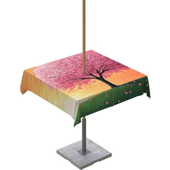 Outdoor Tablecloth with Umbrella Hole & Zipper, Pink Tree Square Tablecloth 54x54 Inch, Orange Gradient Sky Retro Watercolor Grass Patio Table Cover Waterproof Table Cloth for Picnic/Party